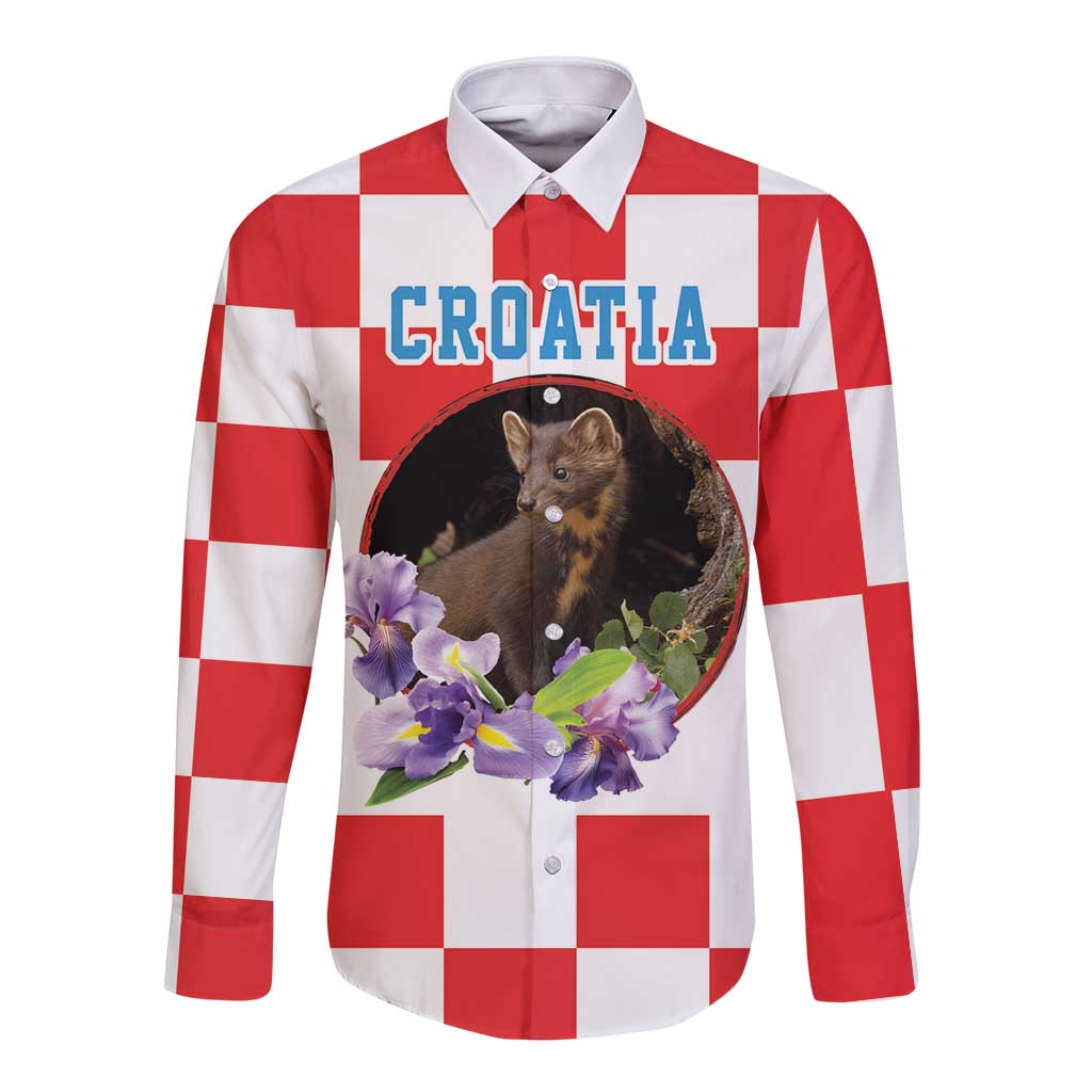 Croatia long-sleeve button shirt with red-and-white checker pattern and animal floral print