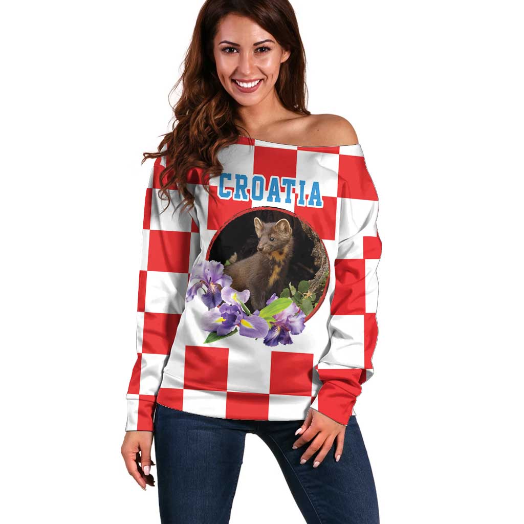 Croatia European Pine Marten and Iris Off Shoulder Sweater National Animal and Flowers