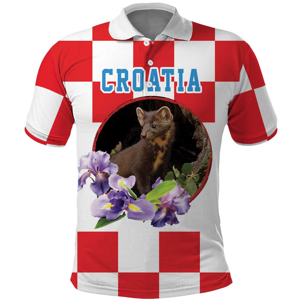 Croatia European Pine Marten and Iris Polo Shirt National Animal and Flowers