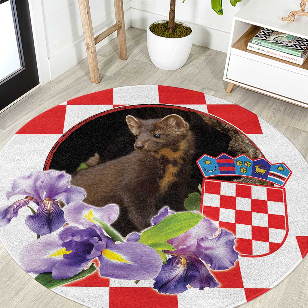Round area rug with dark pine marten and purple iris flowers, red-and-white border