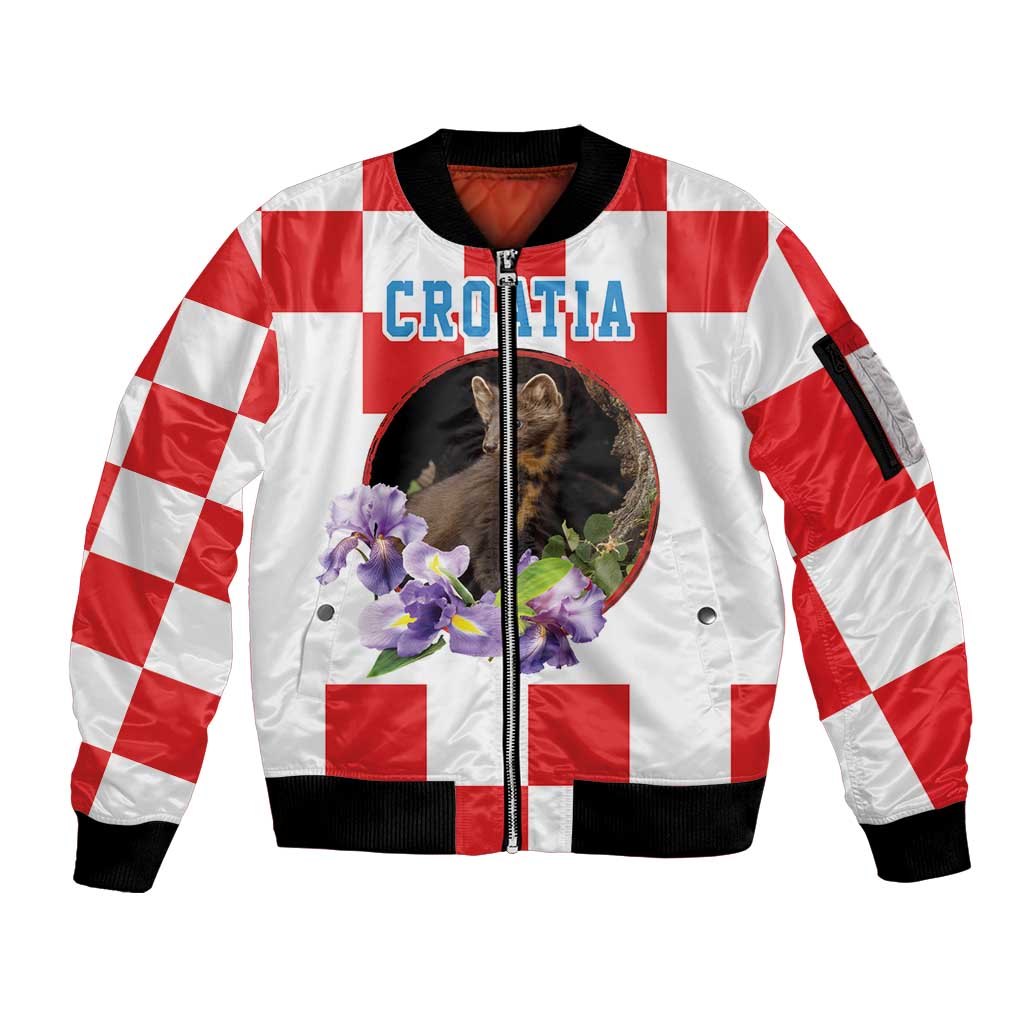 Croatia European Pine Marten and Iris Sleeve Zip Bomber Jacket National Animal and Flowers LT17 - Wonder Print Shop