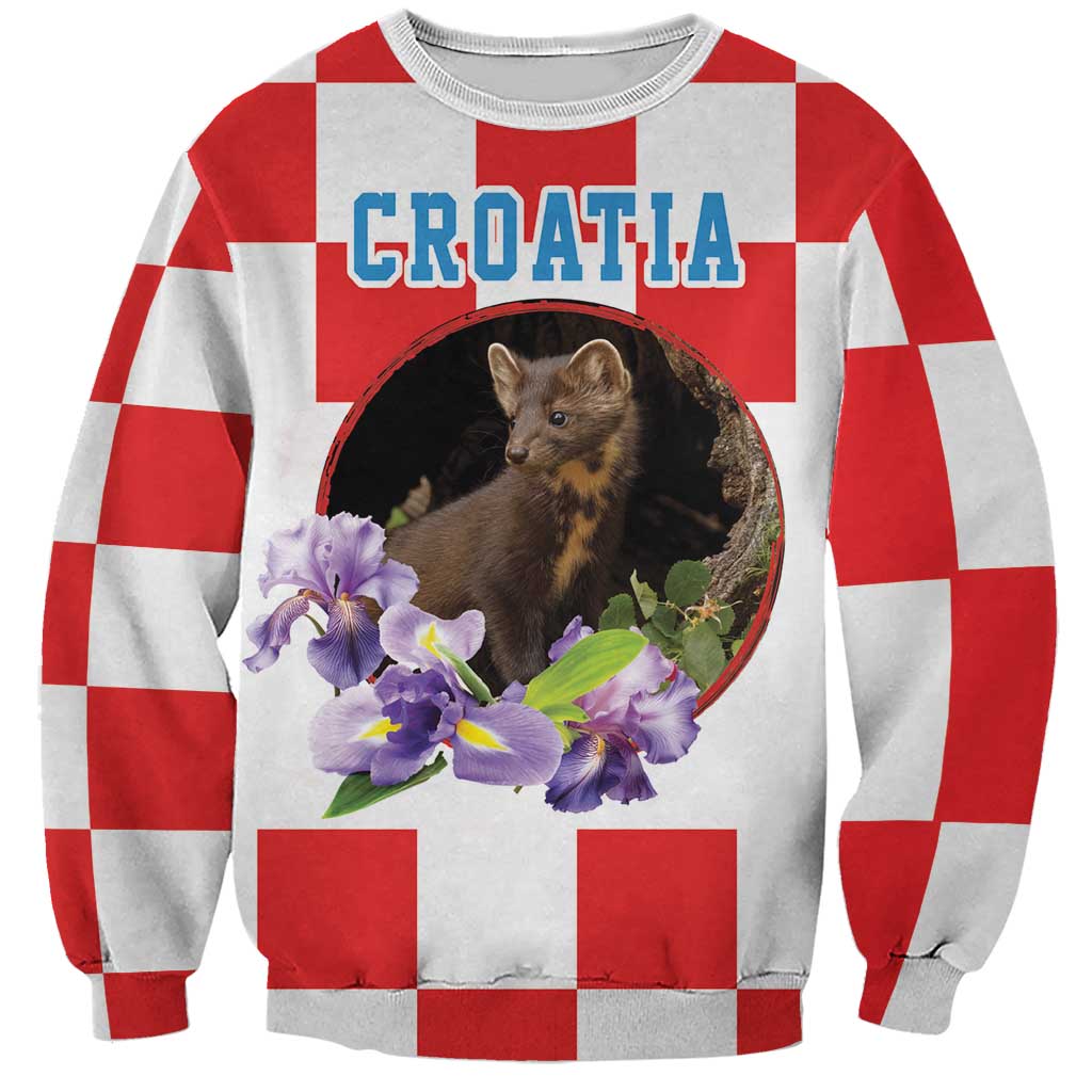 Unisex white sweatshirt with red check pattern, pine marten and purple iris graphic