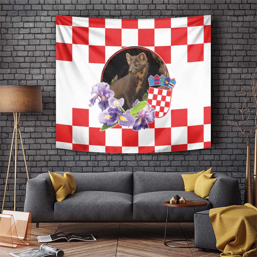Red-and-white checkered tapestry with pine marten, purple flowers, and crest shield