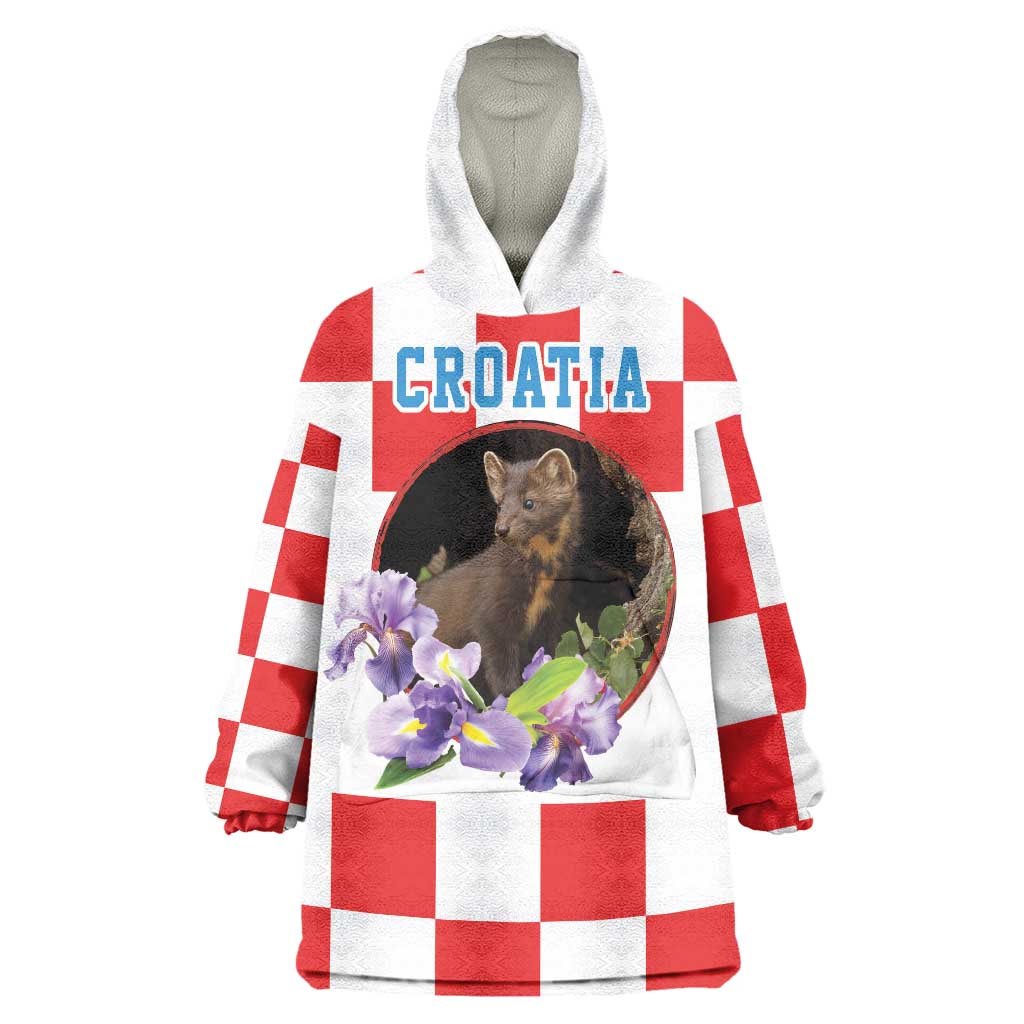 Croatia European Pine Marten and Iris Wearable Blanket Hoodie National Animal and Flowers