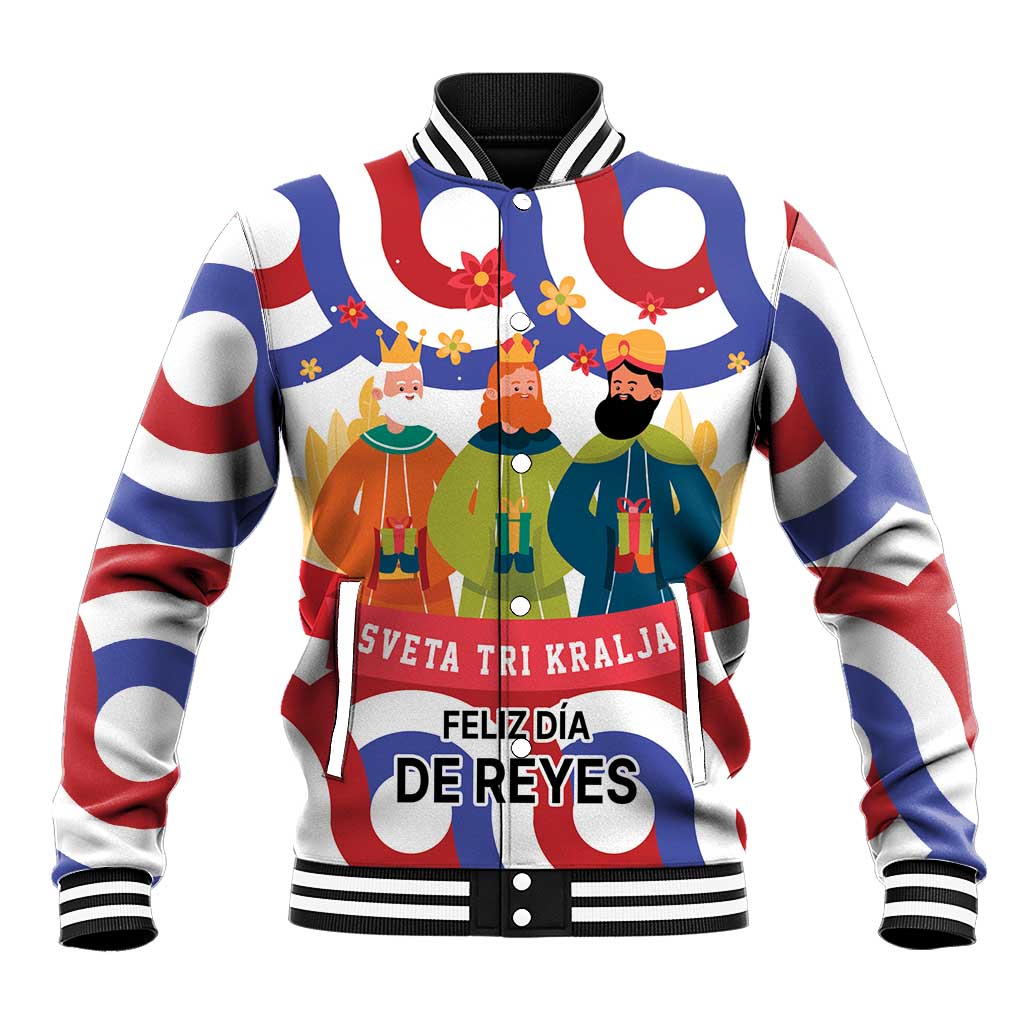 Unisex baseball jacket with front button placket, white red blue festive nativity graphics