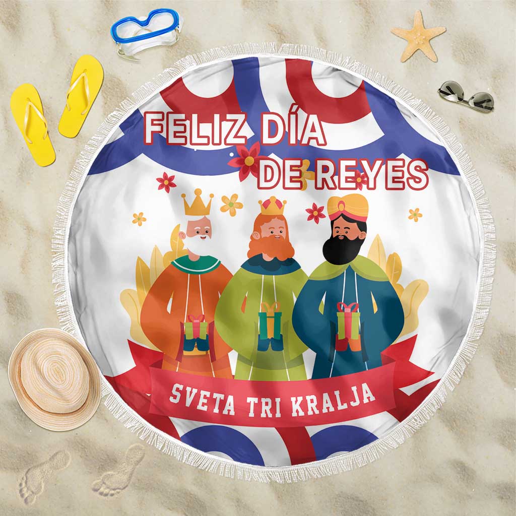 White round beach blanket with fringe, three kings design and ribbon text