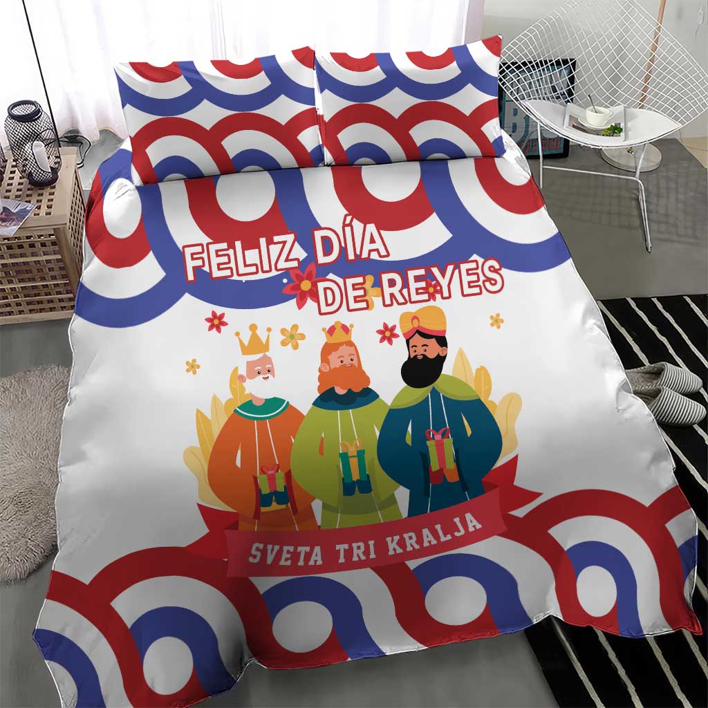 Bedding set with white duvet cover and pillowcases, red and blue circles, Three Kings graphic