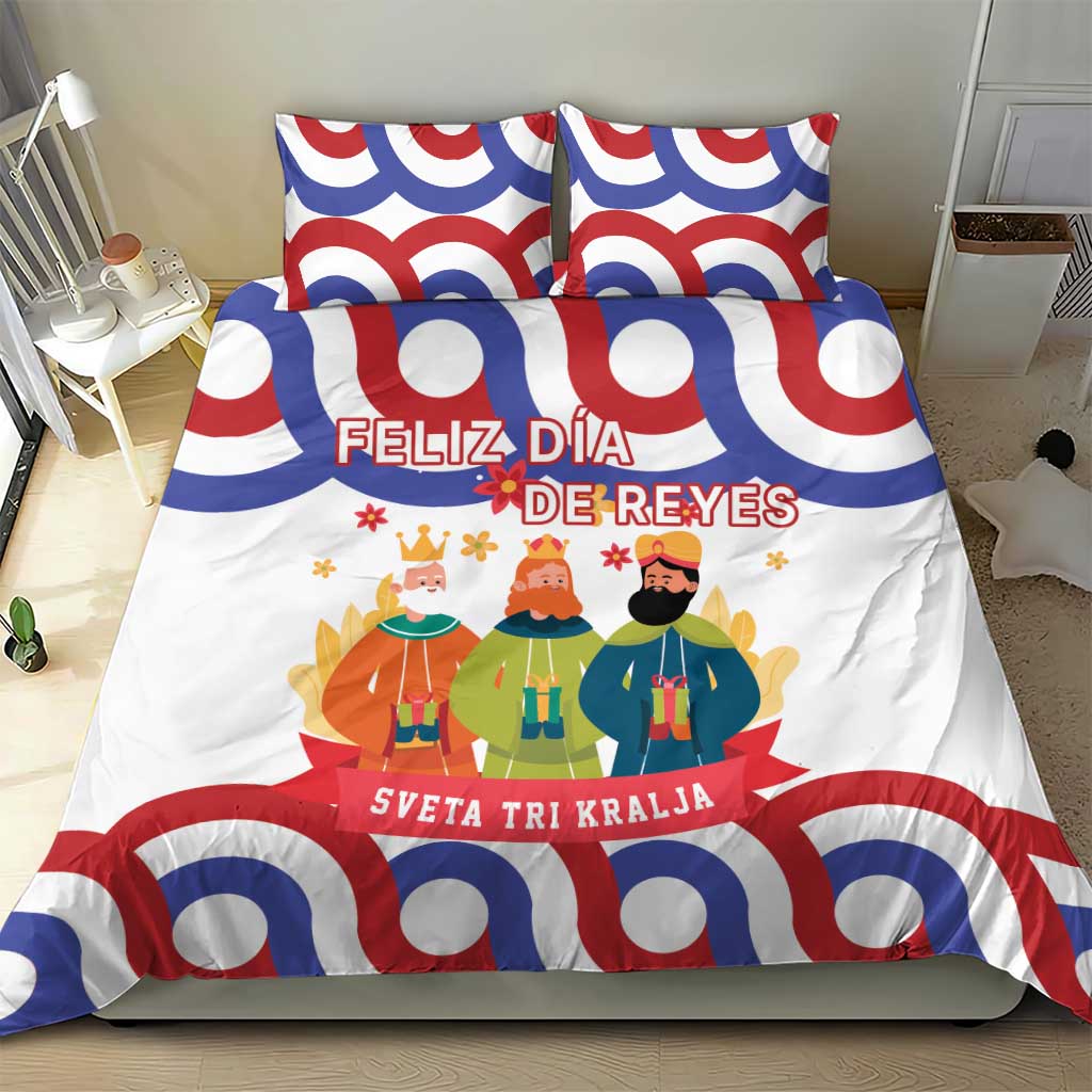 Bedding set with red and blue circle pattern and Three Kings graphic