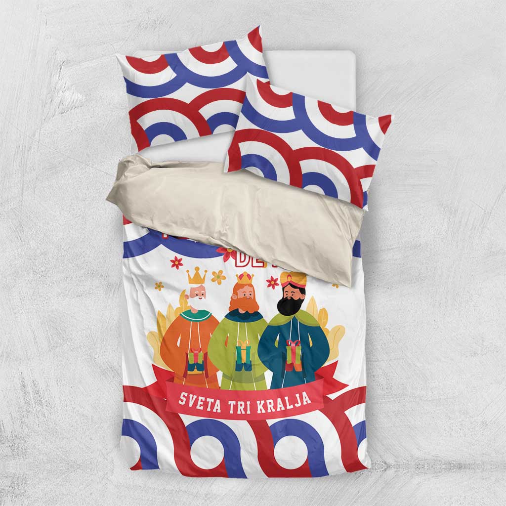 Duvet cover and pillowcases with Three Kings print and red-blue arc pattern