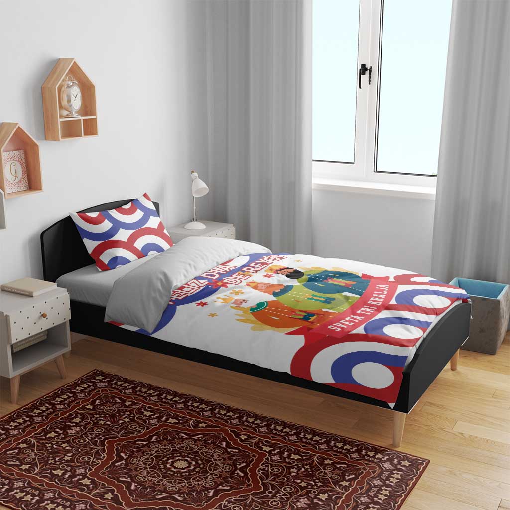 White bedding set with colorful Epiphany-themed print on a made bed