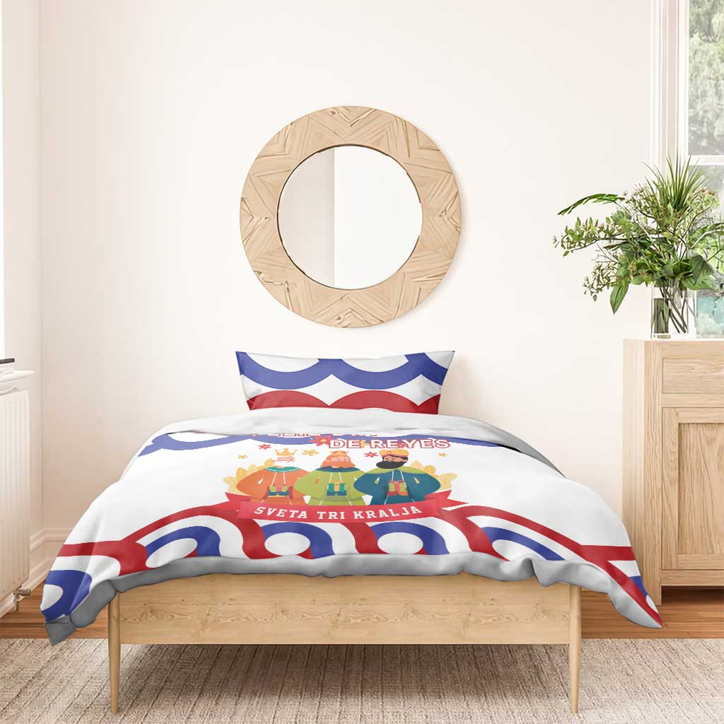 Bedding set with Croatian Epiphany Three Kings print in white, red, and blue