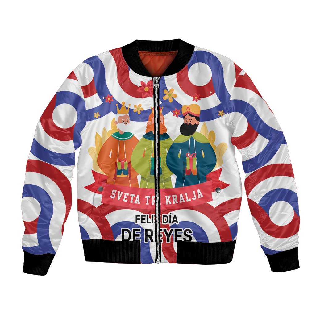 Unisex bomber jacket, white base with red/blue swirl stripes and character graphic art