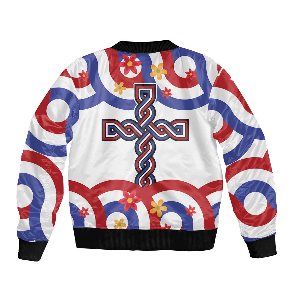 Unisex bomber jacket, white base with red/blue swirl stripes and central emblem graphic