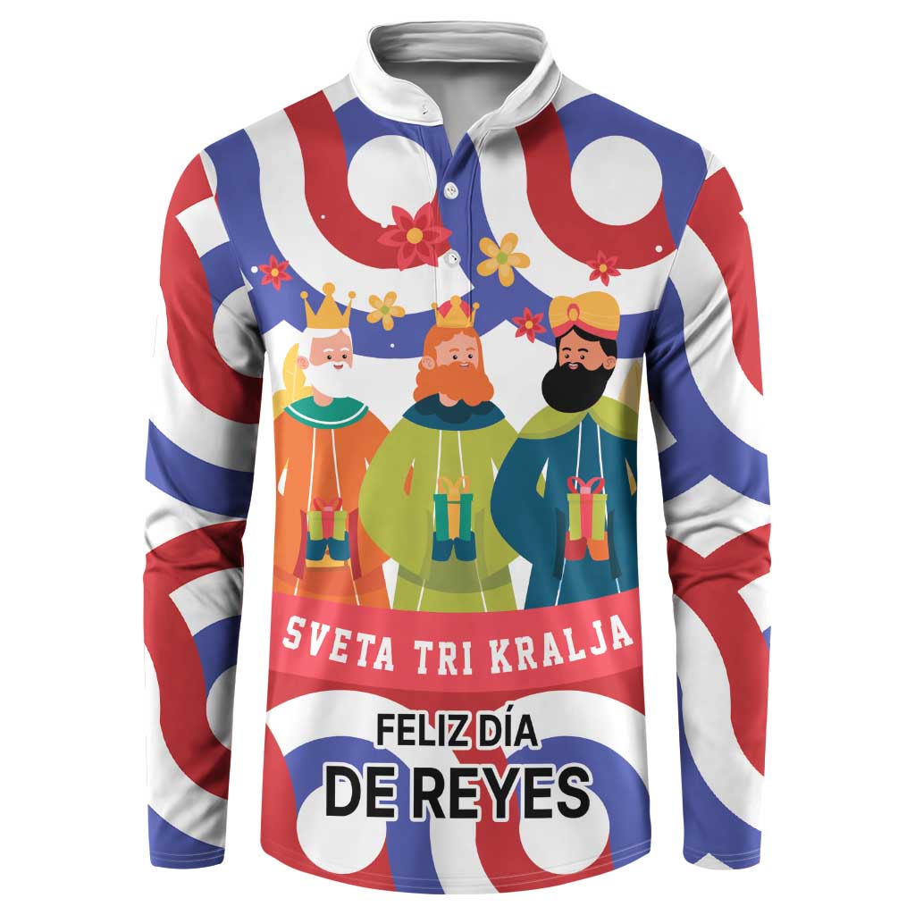 White button sweatshirt with three kings graphic and 'De Reyes' text