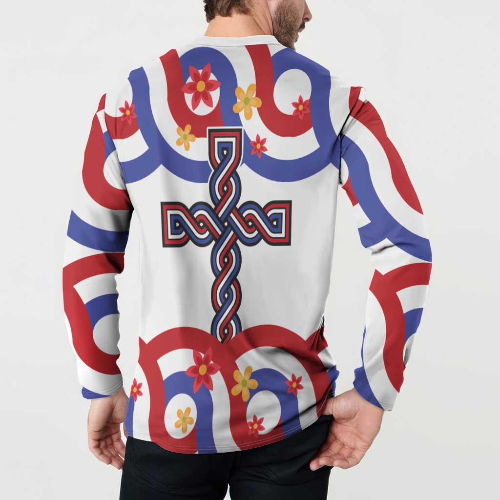 White button sweatshirt on back view with red and blue stripes, ornate cross symbol, flowers.