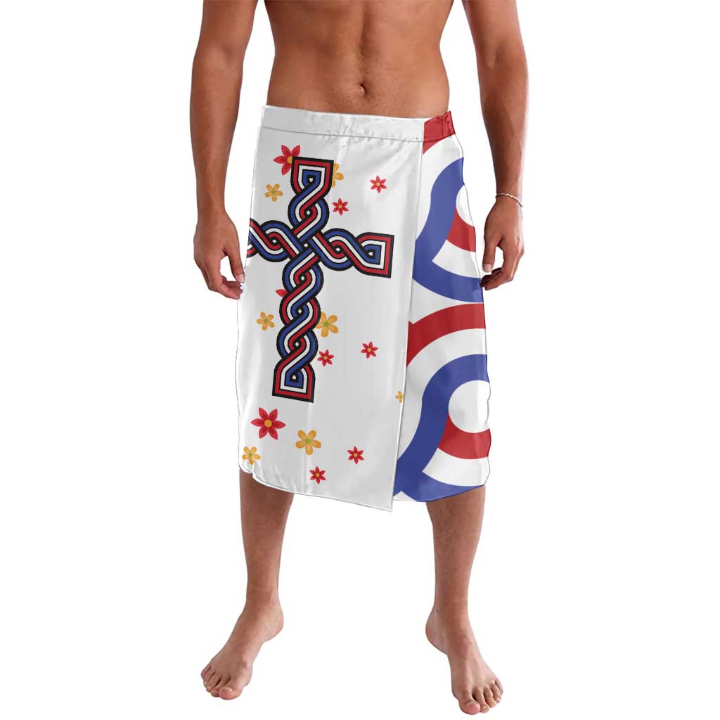 White lavalava sarong with colorful cross and blue red circular panel print