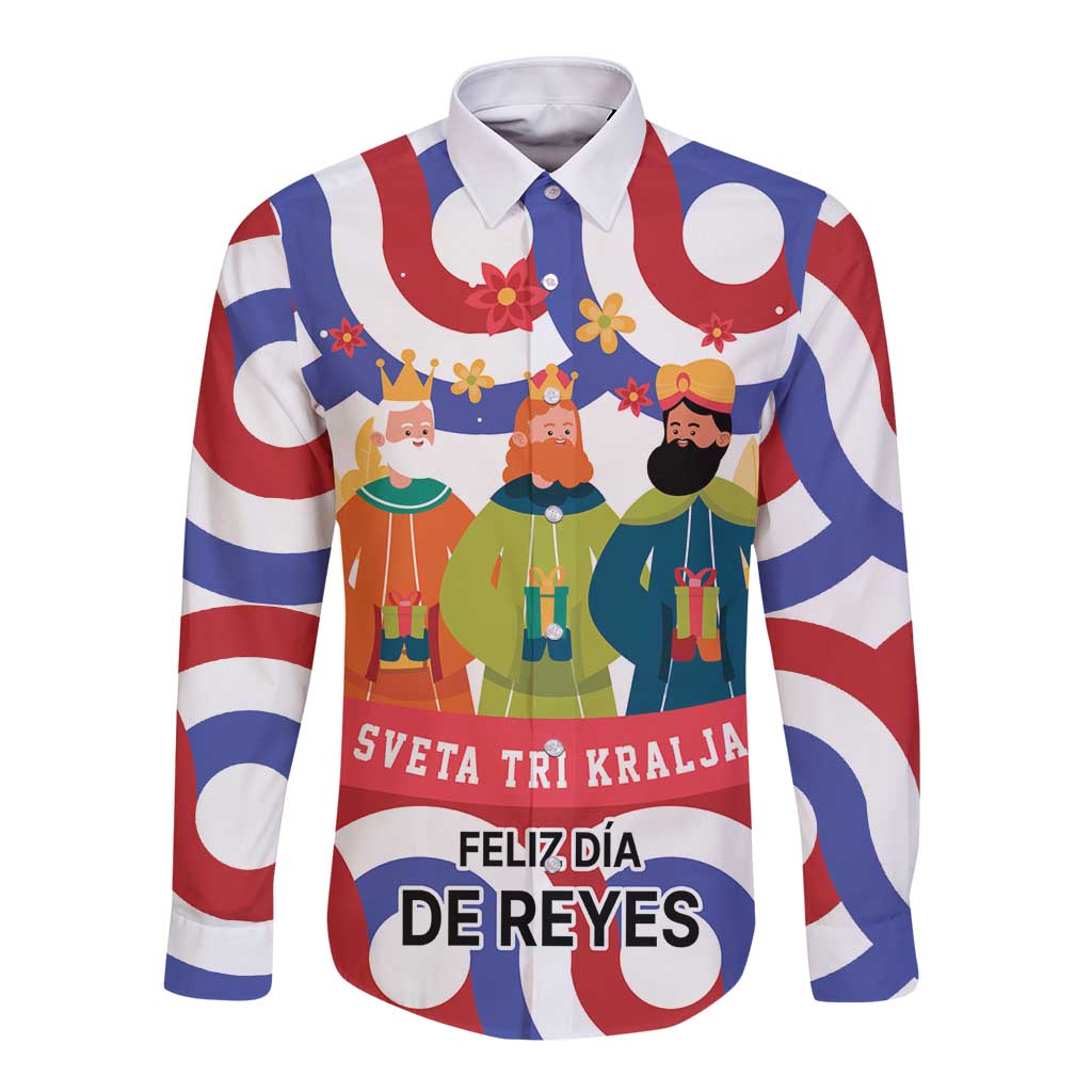 Long sleeve button shirt with white base, red/blue stripes, and festive nativity graphics