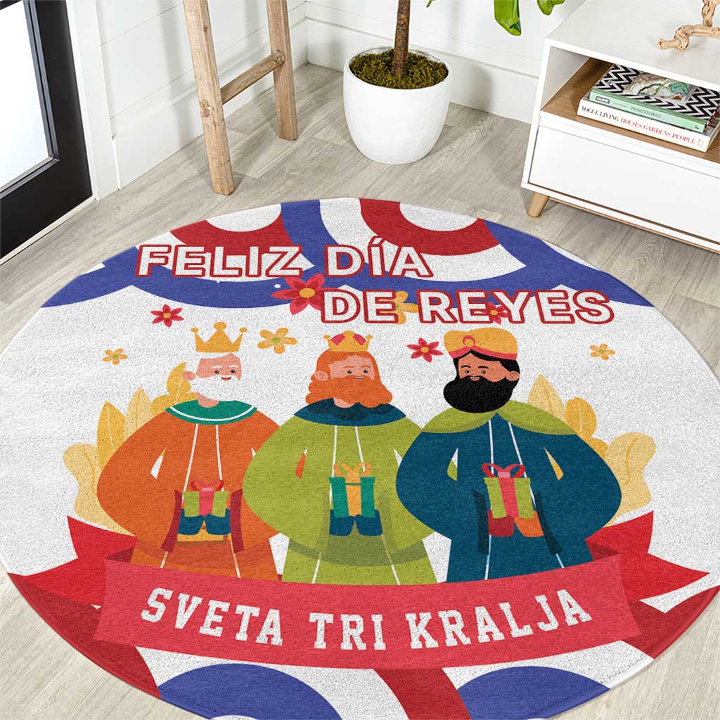 Round three kings decorative rug with red, blue, and white border; colorful king figures.