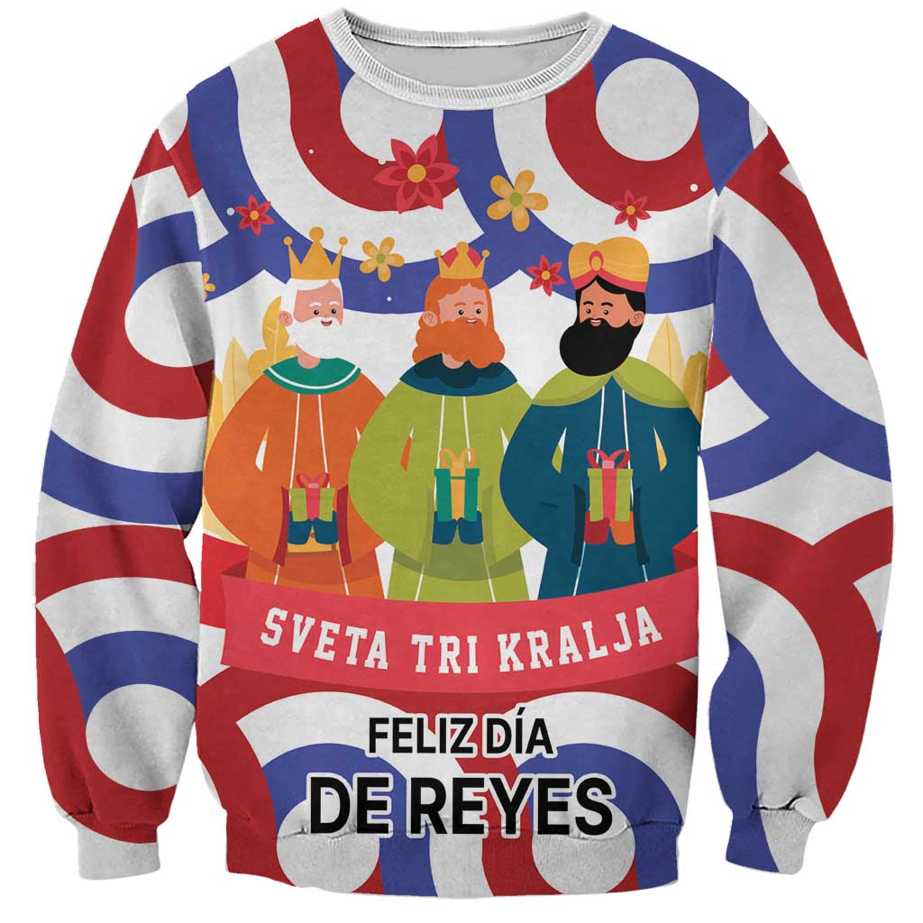 Unisex white sweatshirt with red/blue striped sleeves and three kings graphic