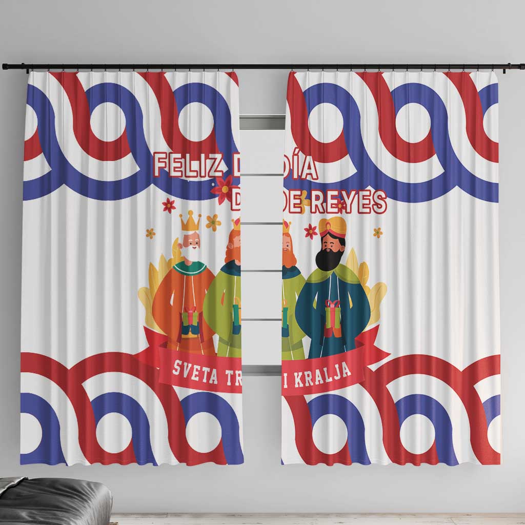 White window curtain with colorful Three Kings parade print and bold red, blue shapes