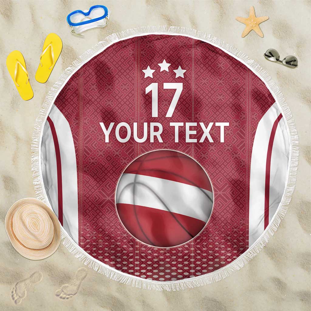 Latvia Basketball Custom Beach Blanket Red Latvian Pattern
