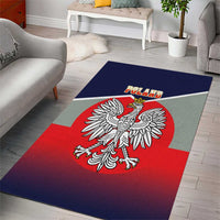 Poland crest area rug with crowned white eagle and red shield on dark blue border