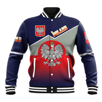 Unisex baseball jacket in navy with zip front, striped collar, and Poland eagle crest