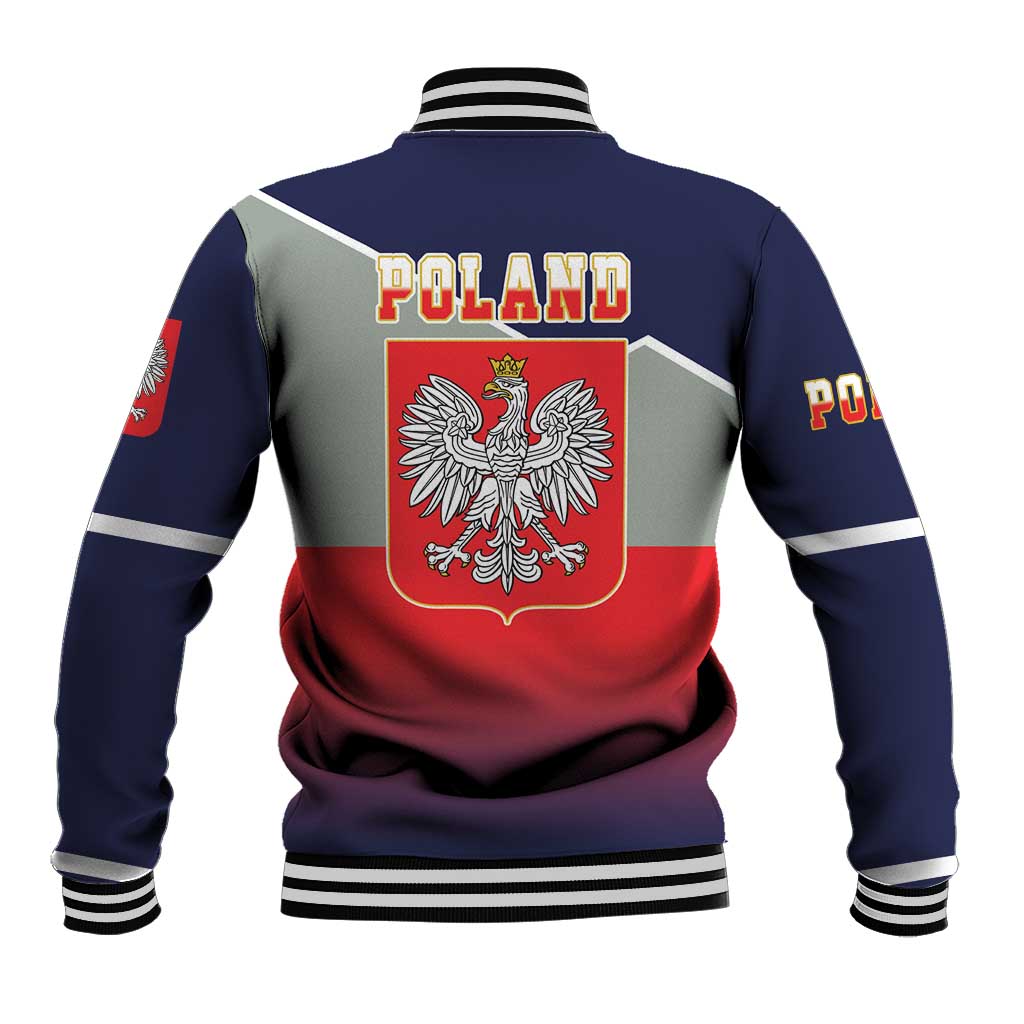 Unisex baseball jacket back view: navy sleeves, striped trim, Poland text, eagle crest patch