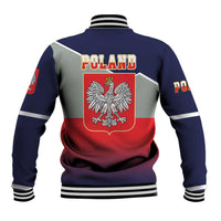 Unisex baseball jacket back view: navy sleeves, striped trim, Poland text, eagle crest patch