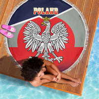 Round beach blanket with navy, gray, and red Poland crest, crowned eagle, and white fringe
