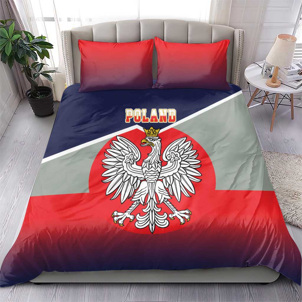 Bedding set with red and navy pillows and flag-print duvet featuring crowned eagle and “POLAND”