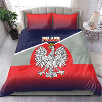 Bedding set with red and navy pillows and flag-print duvet featuring crowned eagle and “POLAND”