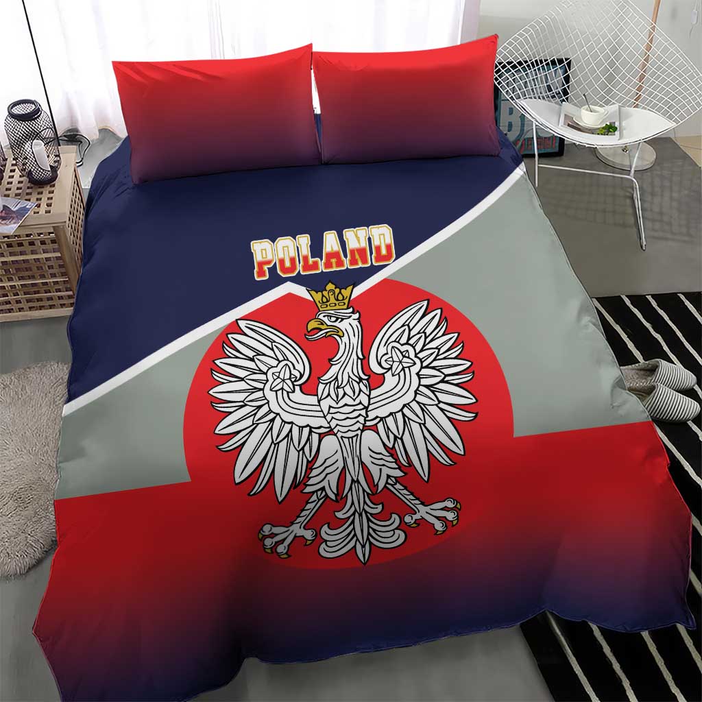 Bedding set duvet with crowned eagle emblem and “POLAND” over red, navy, and white flag colors