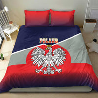 Bedding set with red pillows and flag-print duvet showing crowned eagle and “POLAND” text