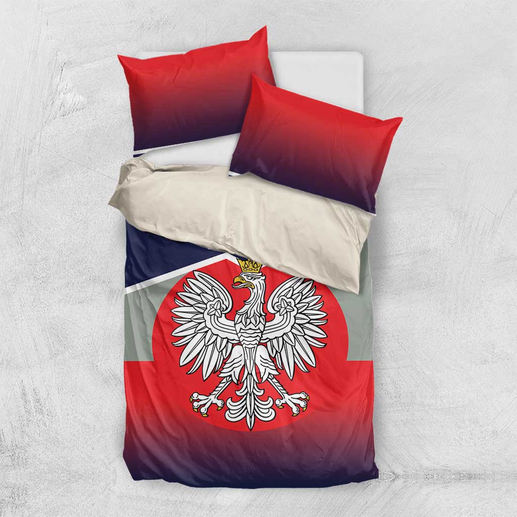 Bedding set with red and navy flag-print duvet and crowned eagle emblem; two red pillows