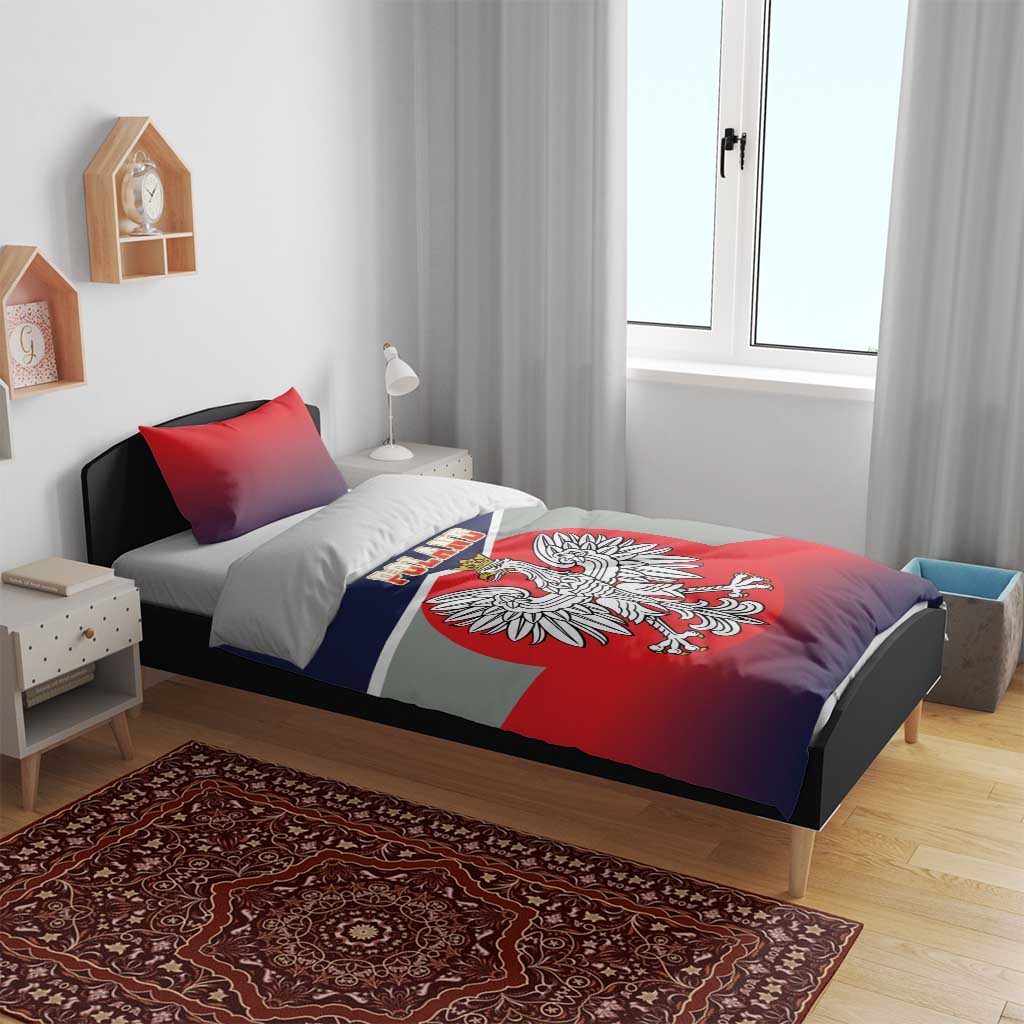 Bedding set with flag-print duvet featuring crowned eagle and red crest; two red pillows