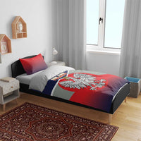 Bedding set with flag-print duvet featuring crowned eagle and red crest; two red pillows