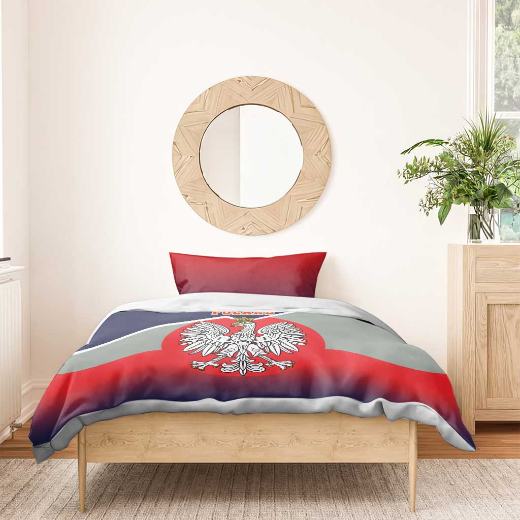 Bedding set with red, navy, and white flag-print duvet and crowned eagle emblem