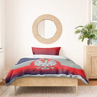Bedding set with red, navy, and white flag-print duvet and crowned eagle emblem