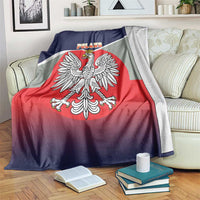 Poland-themed blanket over seating with crowned eagle emblem, red center and dark blue border