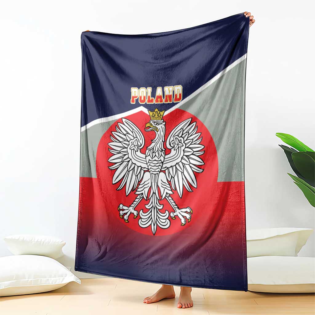 Poland-themed blanket with crowned eagle emblem, red center, dark blue top and white stripe