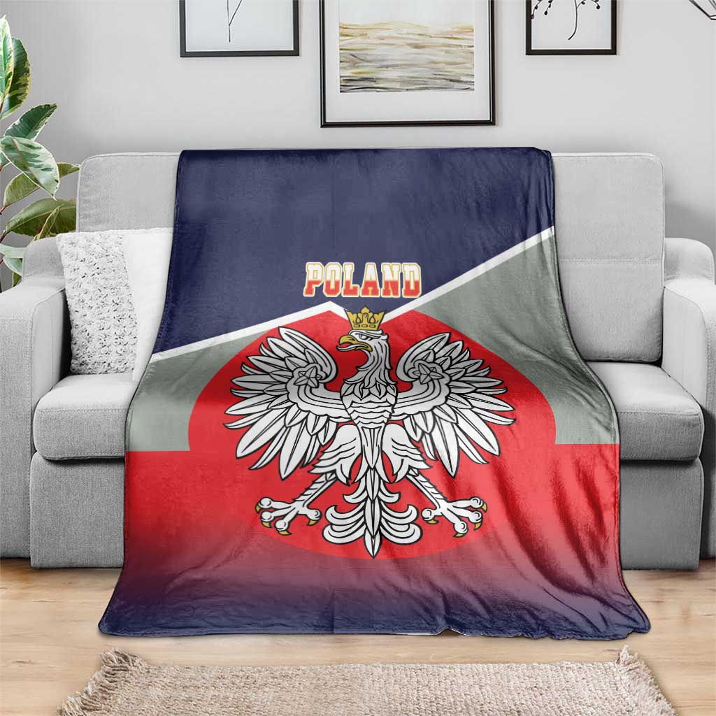 Poland-themed blanket draped on a sofa, crowned eagle over red circle with dark blue border