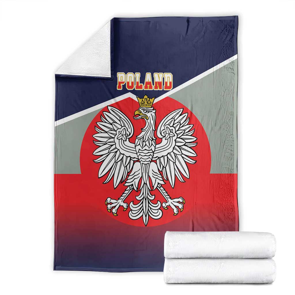 Poland-themed blanket with crowned eagle emblem, folded with stack of white towels