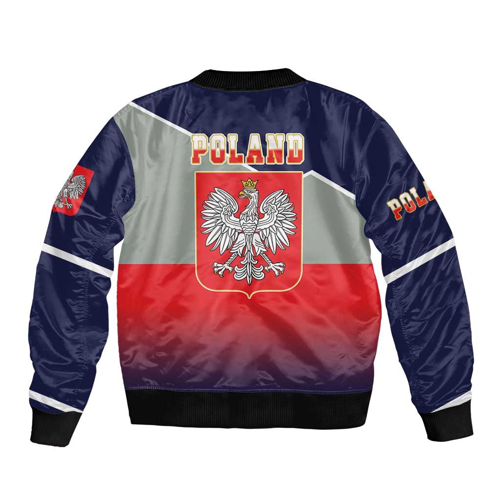 Unisex bomber jacket back with POLAND lettering, red/white eagle emblem and stripes