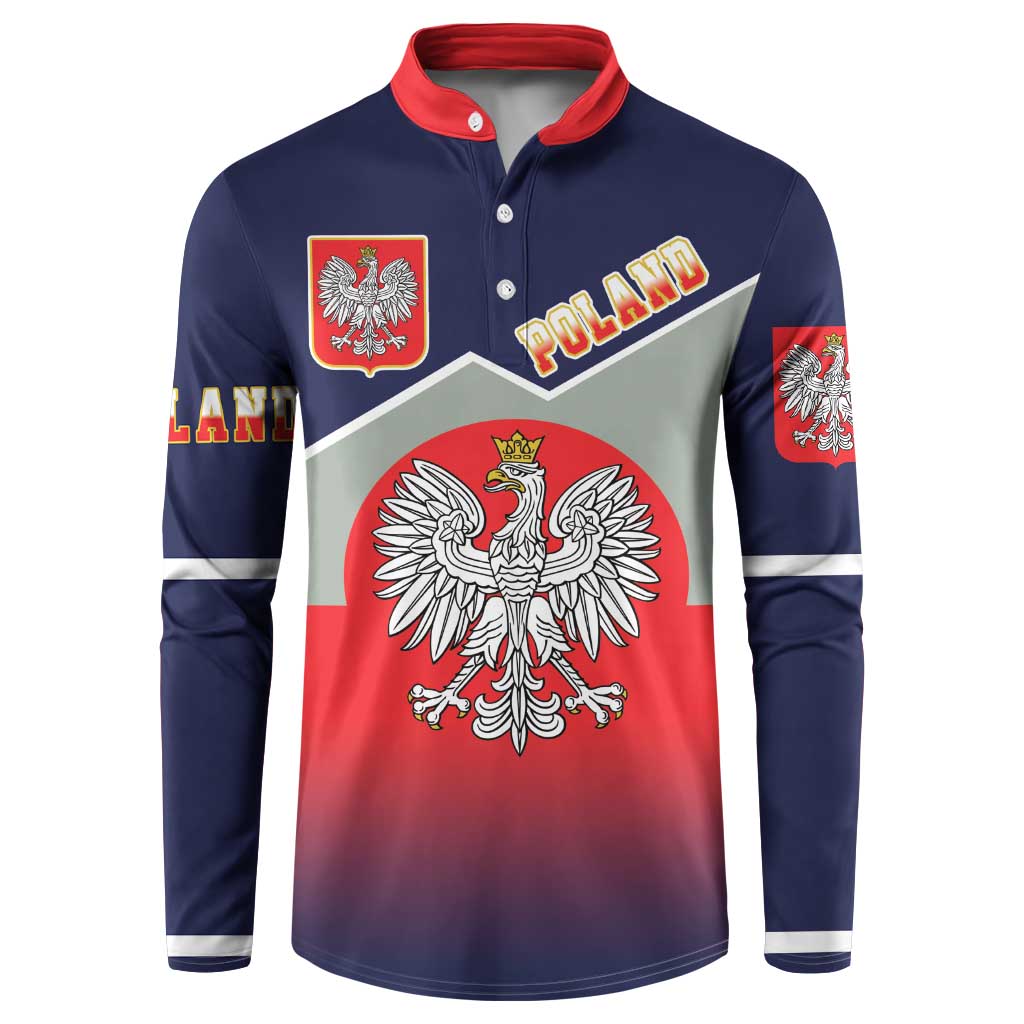 Navy button-up sweatshirt with red collar and large Poland eagle crest front
