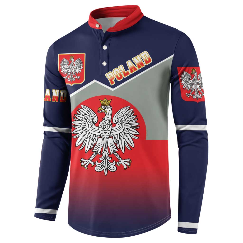 Navy button-up sweatshirt with red collar, eagle crest front and striped sleeve bands