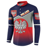 Navy button-up sweatshirt with red collar, eagle crest front and striped sleeve bands