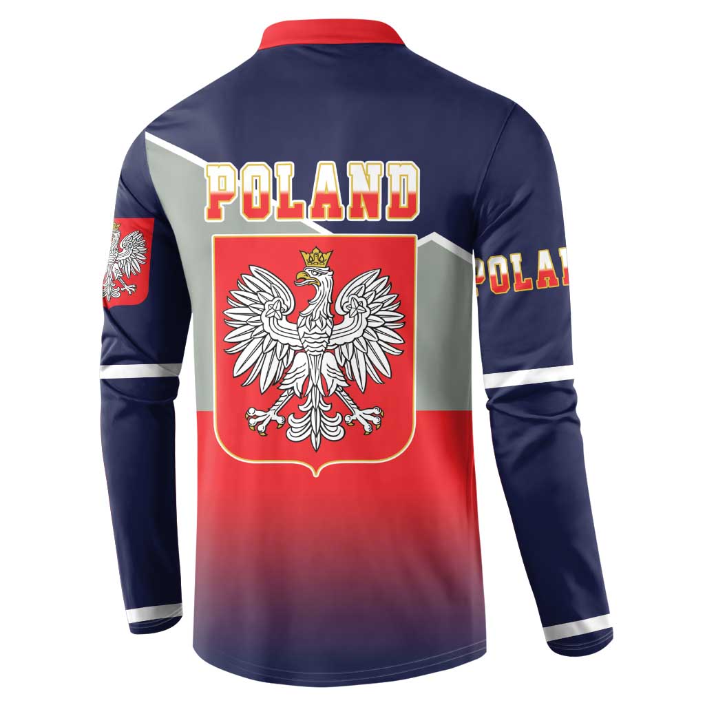 Navy button-up sweatshirt back view with red collar, center eagle crest and POLAND