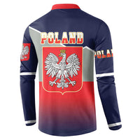 Navy button-up sweatshirt back view with red collar, center eagle crest and POLAND