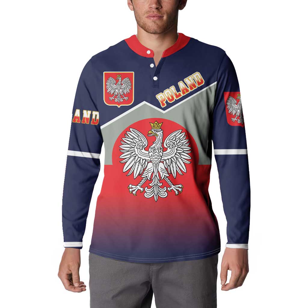 Navy button-up sweatshirt with red collar and large eagle crest front, long sleeves